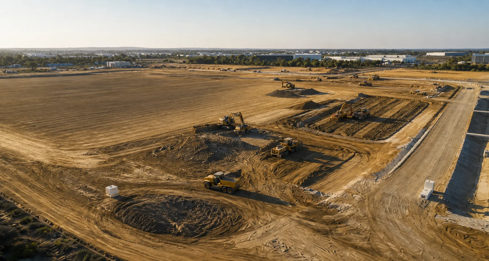Aerial view of bulk earthworks on a commercial land subdivision — excavators, dozers and a dump truck shaping cleared sand, with an established industrial estate on the horizon.