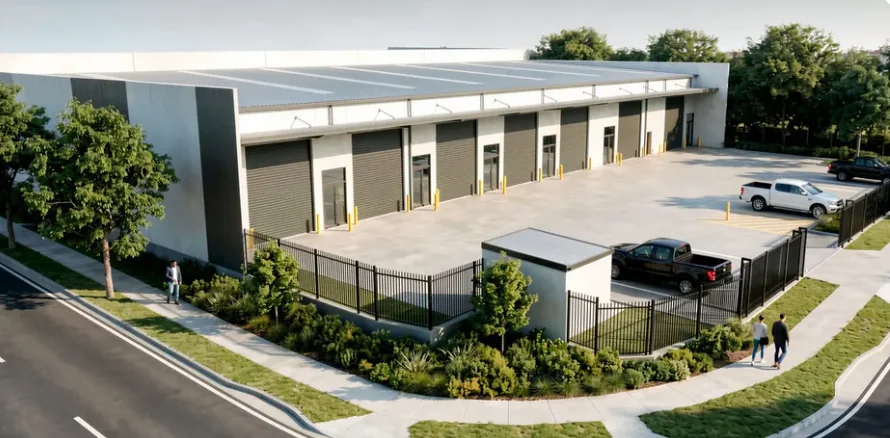 Completed commercial industrial development — a row of tilt-panel warehouse units with roller doors, hardstand, parking and established landscaping to the street.