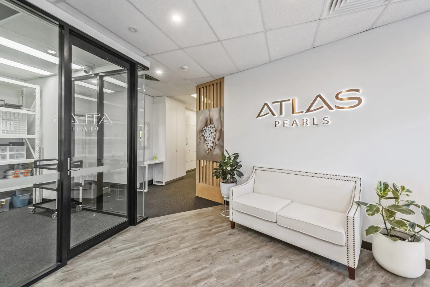 Atlas Pearls — Reception with timber batten screen and upholstered seating.
