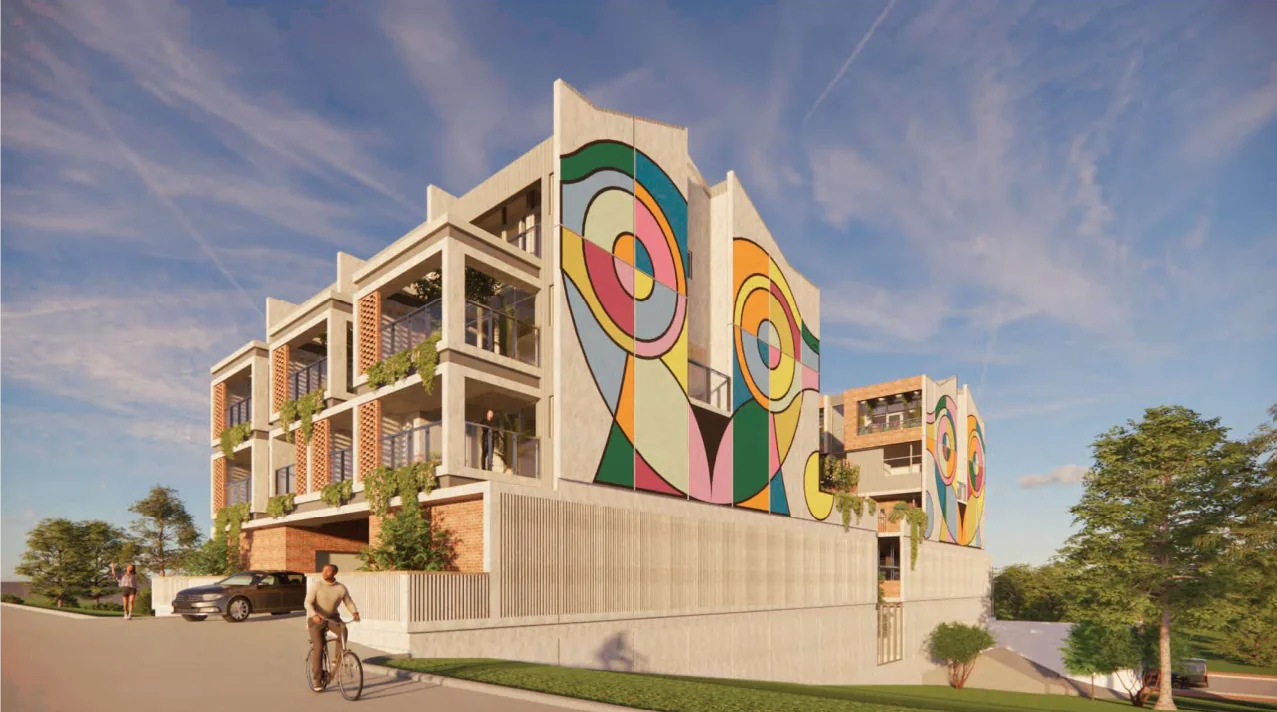 Regal Place &mdash; street elevation with the mural facade over ground-floor commercial