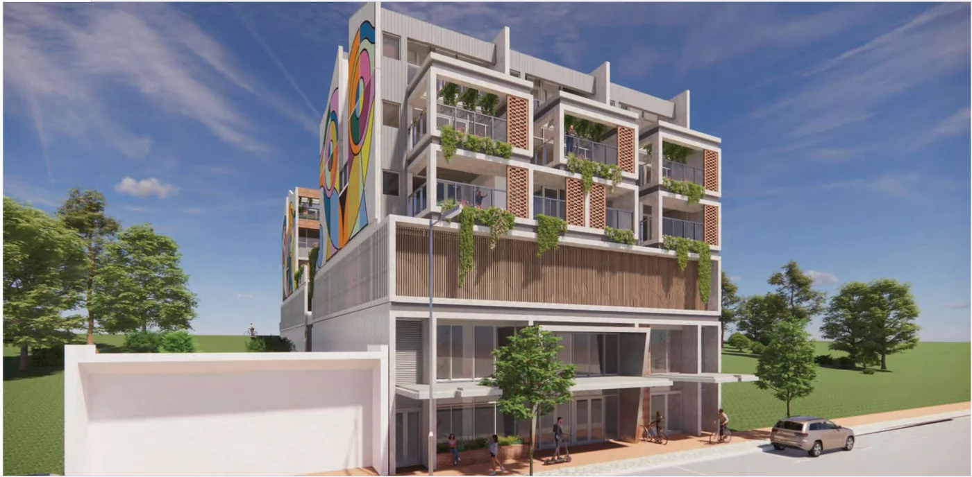 Regal Place &mdash; corner view showing commercial at ground level with residential above