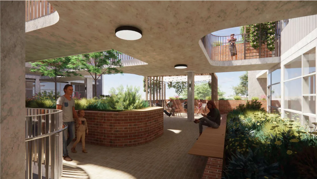 Regal Place &mdash; landscaped undercroft courtyard with seating and planting