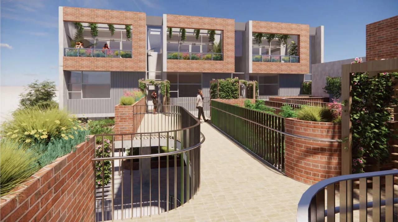 Regal Place &mdash; upper-level terrace with brick planters and timber screening