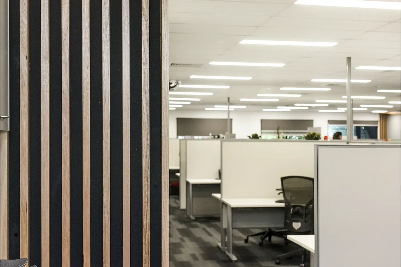 VEOLIA &mdash; timber batten screen opening onto the open-plan workstation floor.